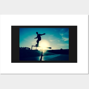 Skateboarder silhouette on a grind Posters and Art